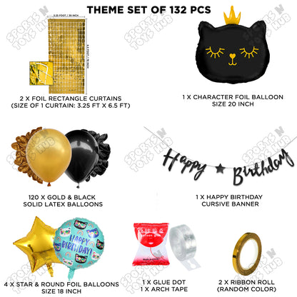 Cartoon Crown Black Kitten Cat Foil Balloon Set With Happy Birthday Cursive Card Banner Arch Theme