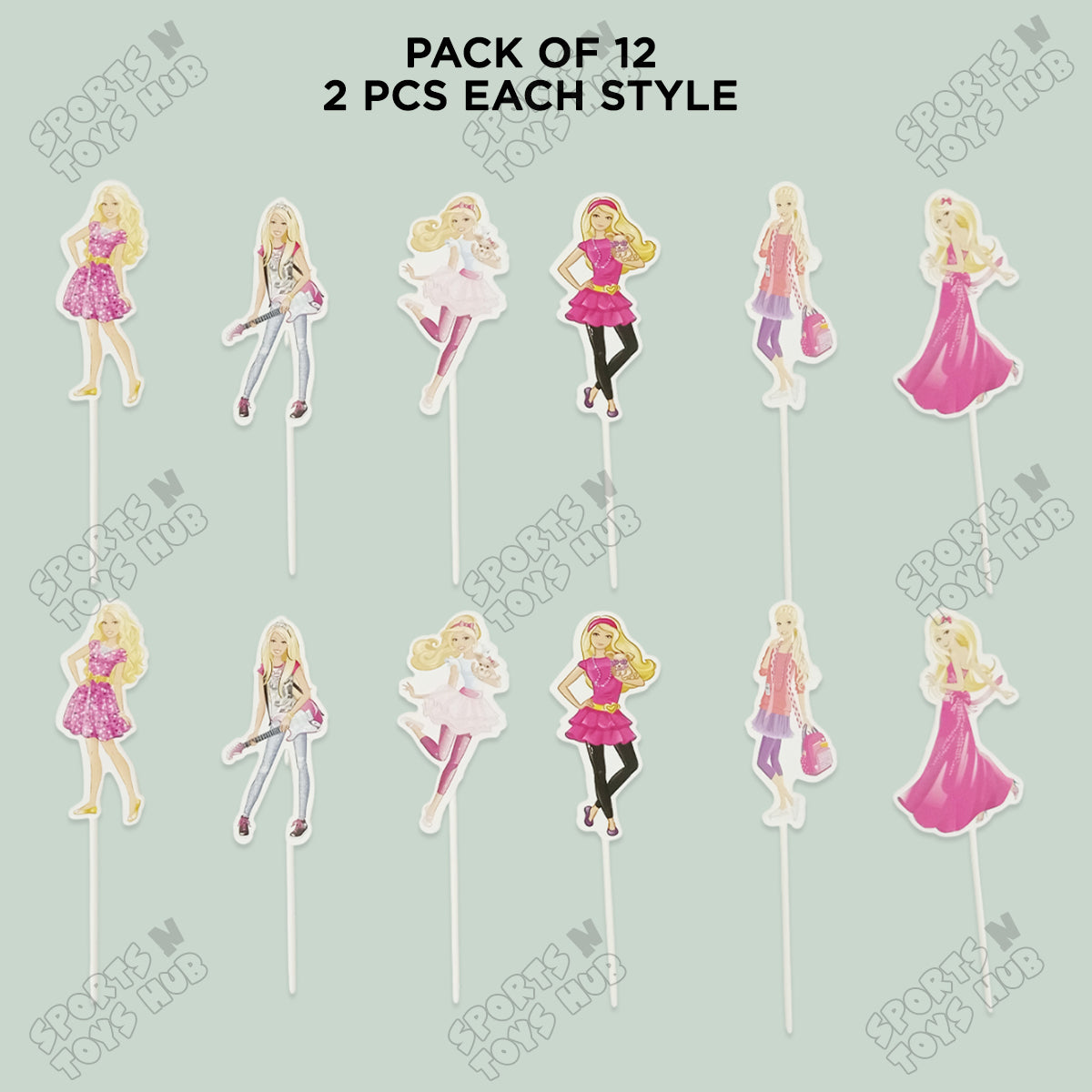 Cartoon Characters HBD Barbie Doll Cake Topper - 12 Pcs