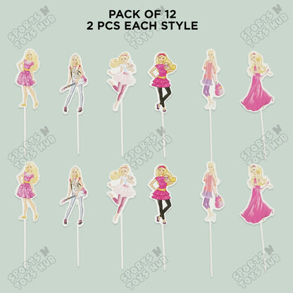 Cartoon Characters HBD Barbie Doll Cake Topper - 12 Pcs