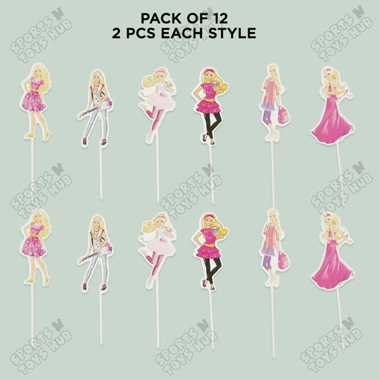 Cartoon Characters HBD Barbie Doll Cake Topper - 12 Pcs
