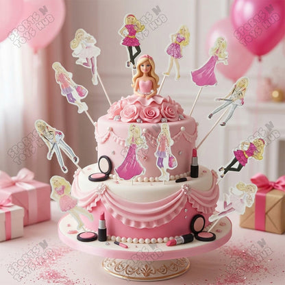 Cartoon Characters HBD Barbie Doll Cake Topper - 12 Pcs