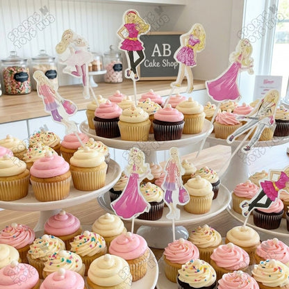 Cartoon Characters HBD Barbie Doll Cake Topper - 12 Pcs