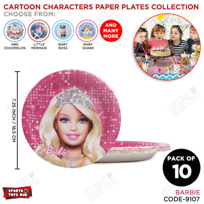 Printed Cartoon Character Barbie Disposable Plates - Pack Of 10