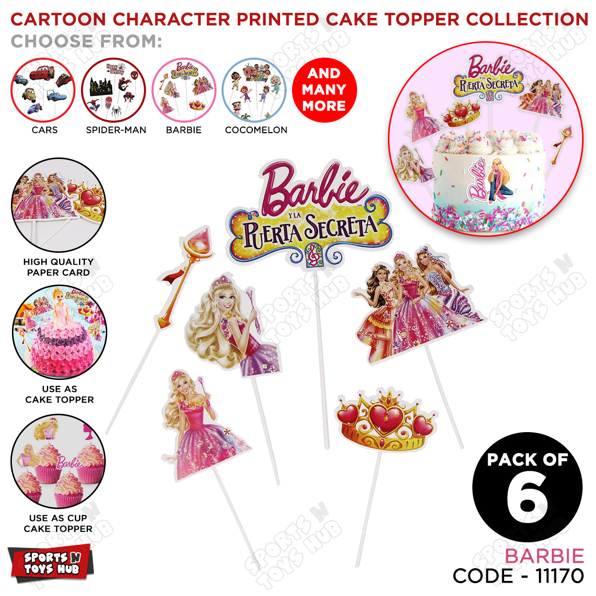 Cartoon Characters HBD Barbie Doll Cake Topper - 6 Pcs