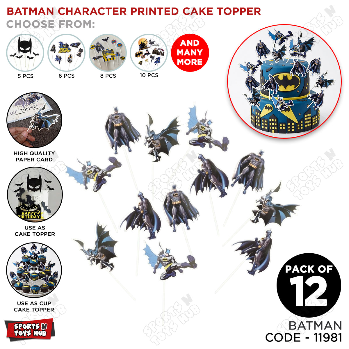 Cartoon Character Bat-M@n HBD Cake Topper - 12 Pcs