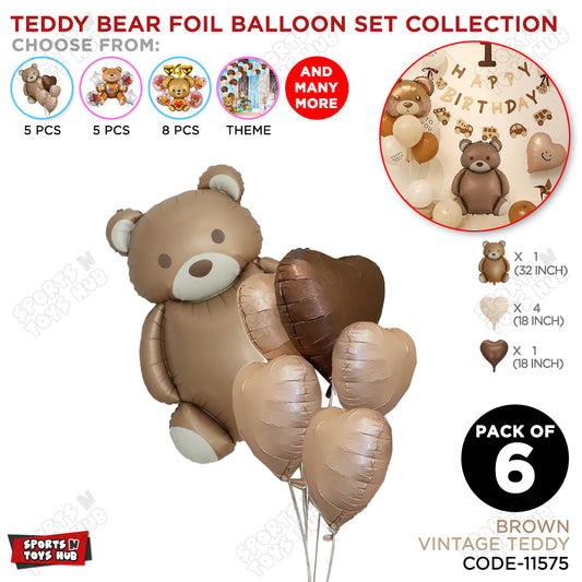 Vintage Teddy Bear 6 PCS Foil Balloon Set – Large Brown Teddy Balloon with Retro Heart Foil for Baby Showers, Birthdays & Party Decorations