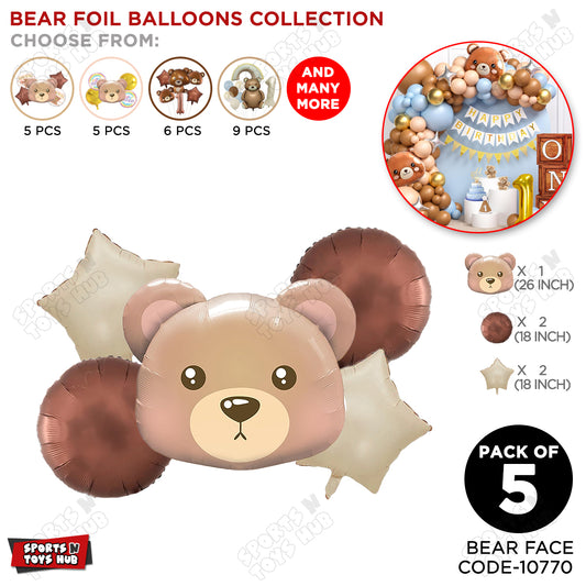 Bear Face Pack Of 5 Foil Balloon Set