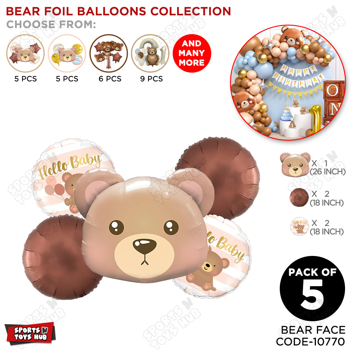 Teddy Bear Face With Hello Baby Round Foil Balloon Set - Pack Of 5