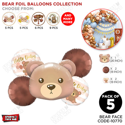 Teddy Bear Face With Hello Baby Round Foil Balloon Set - Pack Of 5
