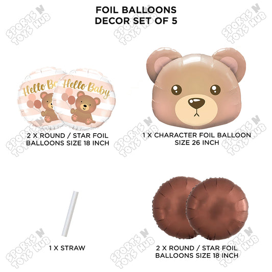 Teddy Bear Face With Hello Baby Round Foil Balloon Set - Pack Of 5