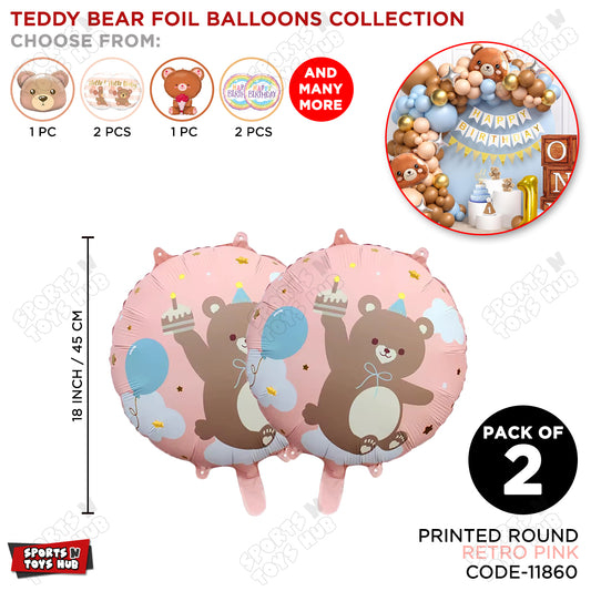 Printed Teddy Bear Round Foil Balloon - Pack Of 2