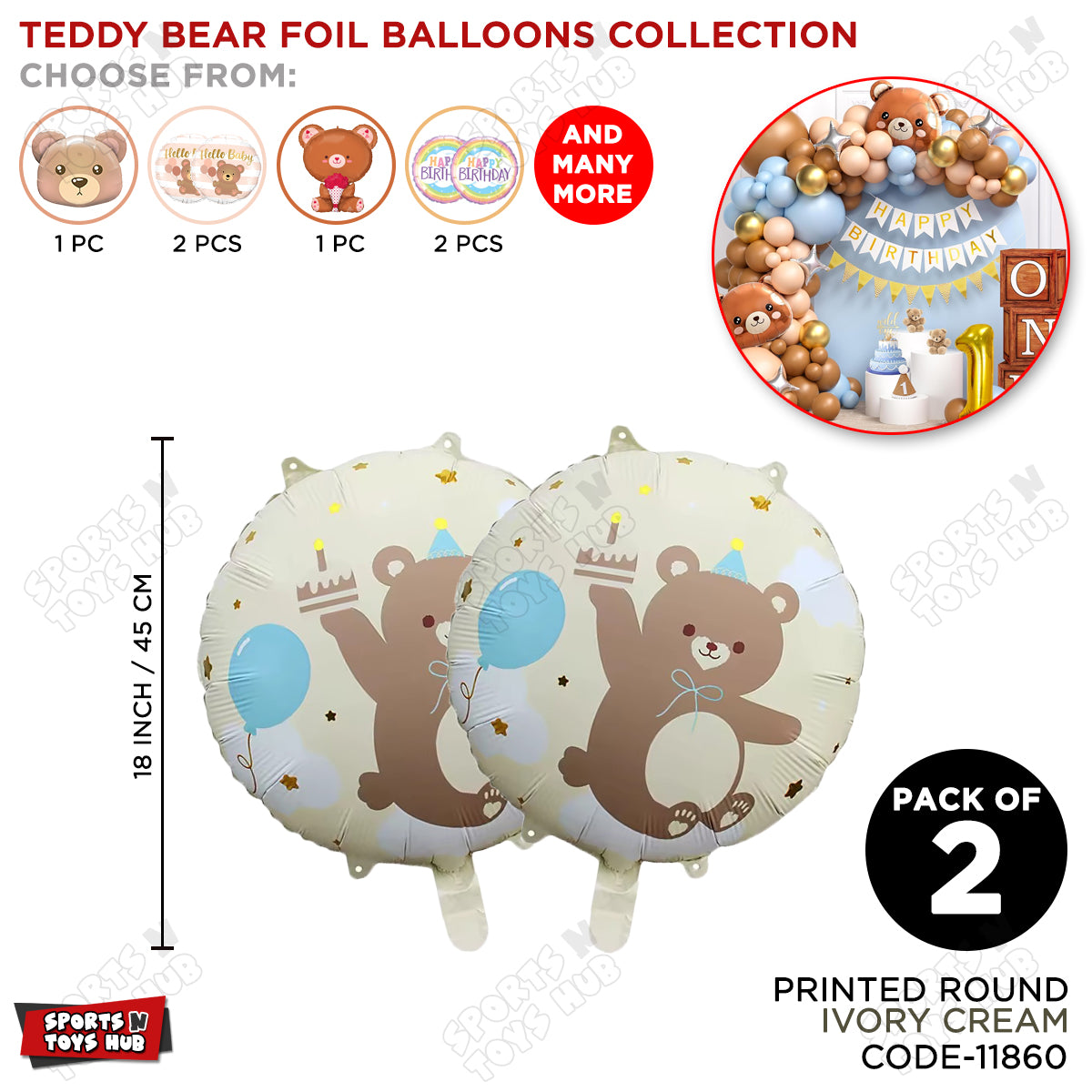 Printed Teddy Bear Round Foil Balloon - Pack Of 2