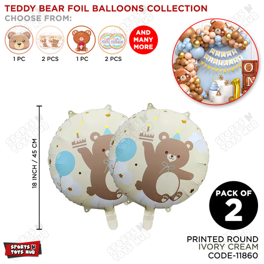Printed Teddy Bear Round Foil Balloon - Pack Of 2