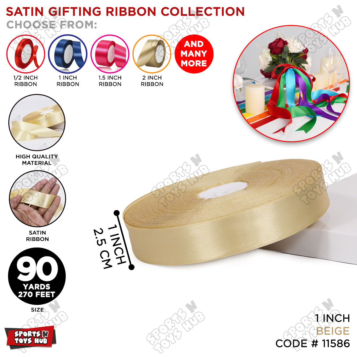 1 Inch x 90 Yards – Multi-Purpose Plain Satin Ribbon Roll for Gift Wrapping, Crafts & Decor