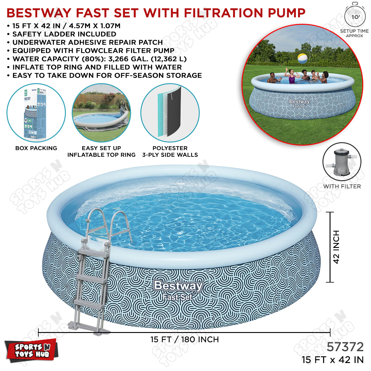 Bestway Fast Set Above Ground Swimming Pool with Filter Pump - 57372 – 15ft x 42in