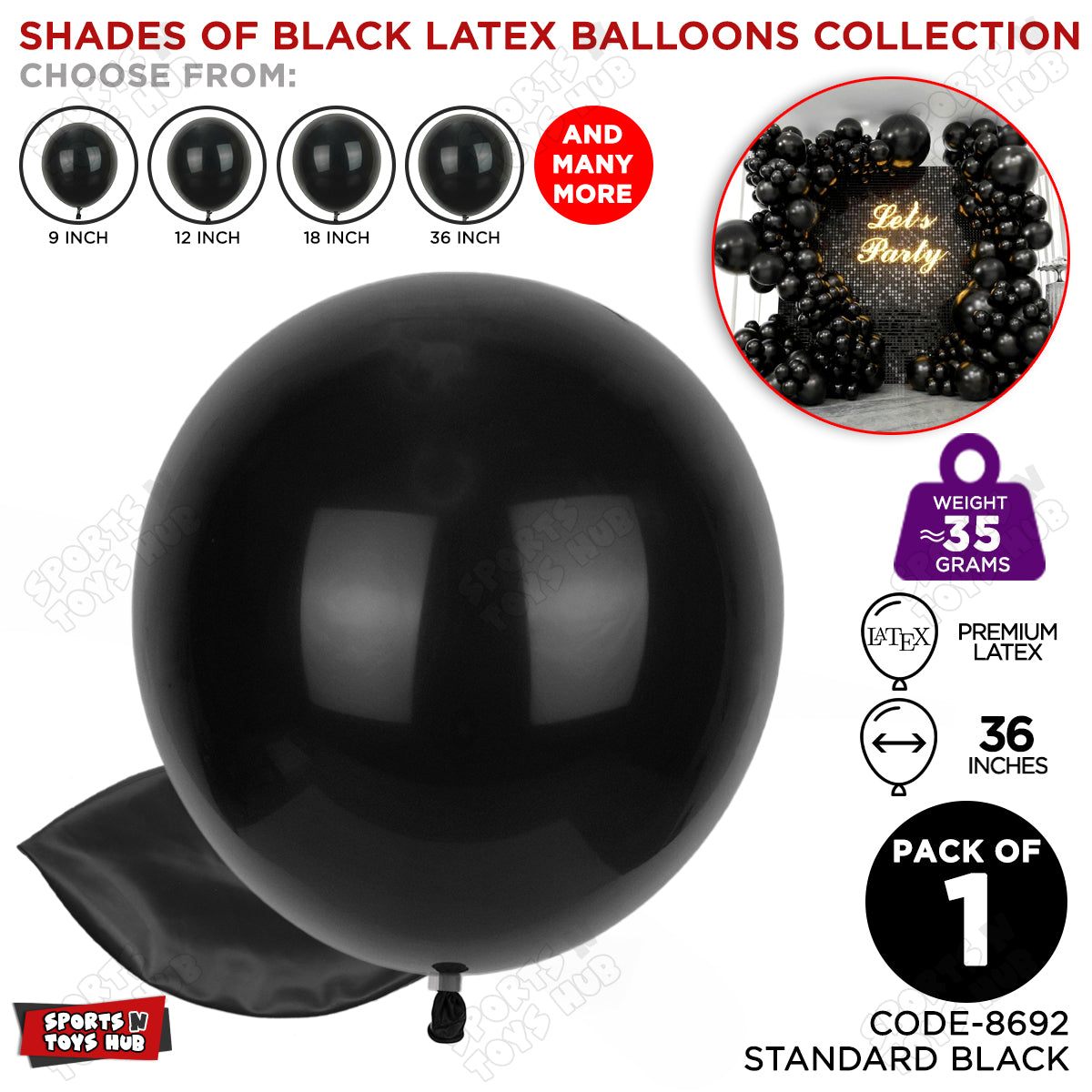 Black Latex Solid Balloon Available In 9, 12, 18 & 36 Inch Sizes