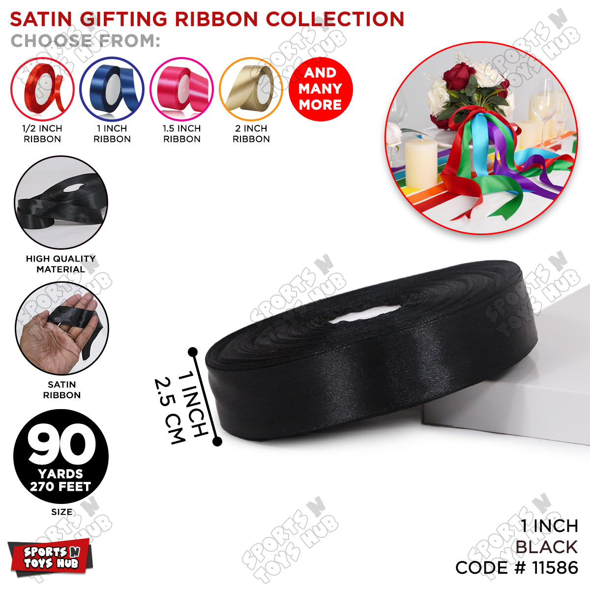 1 Inch x 90 Yards – Multi-Purpose Plain Satin Ribbon Roll for Gift Wrapping, Crafts & Decor