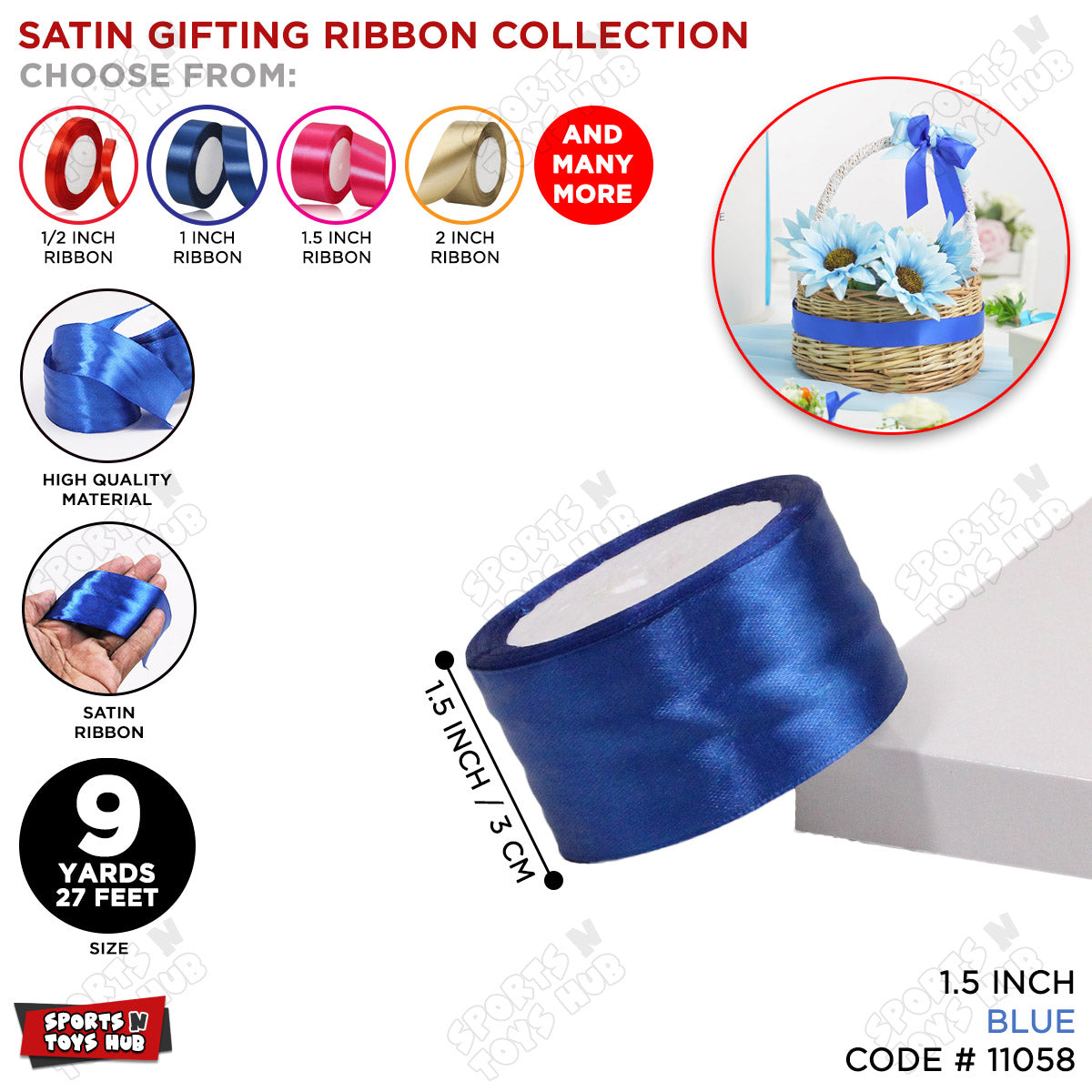 1.5 Inch x 9 Yards – Plain Satin Ribbon Roll for Ribbon Flowers, Crafts, Gift Wrapping & Decor