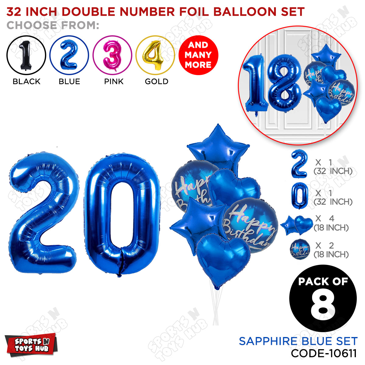 32 Inch Blue Color Number Foil Balloon With Round Printed Balloon Set