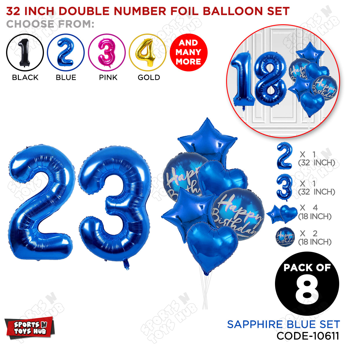 32 Inch Blue Color Number Foil Balloon With Round Printed Balloon Set