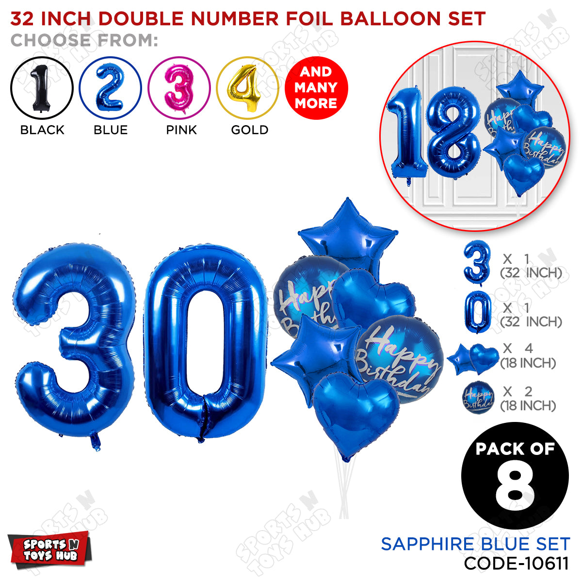 32 Inch Blue Color Number Foil Balloon With Round Printed Balloon Set