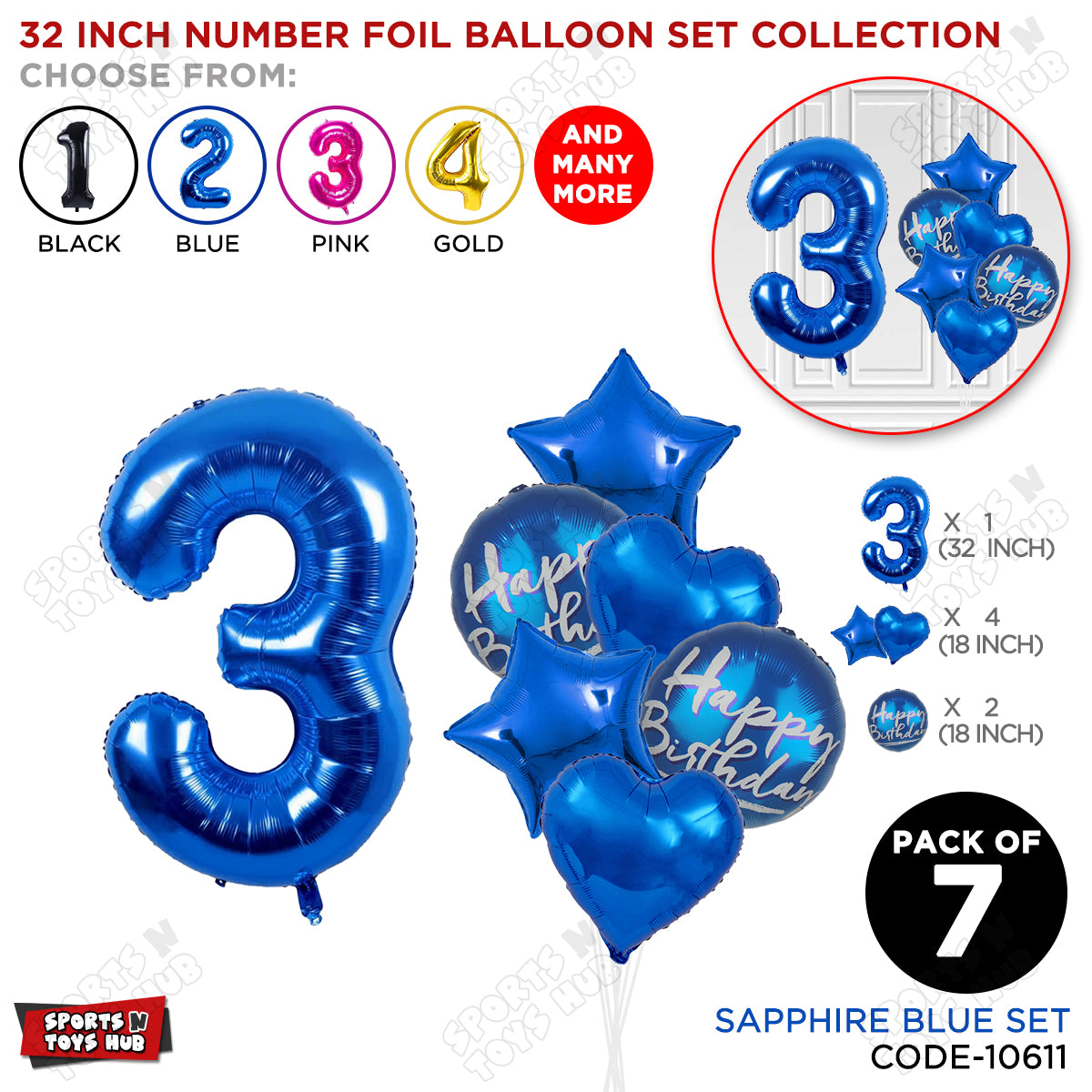 32 Inch Blue Color Number Foil Balloon With Round Printed Balloon Set