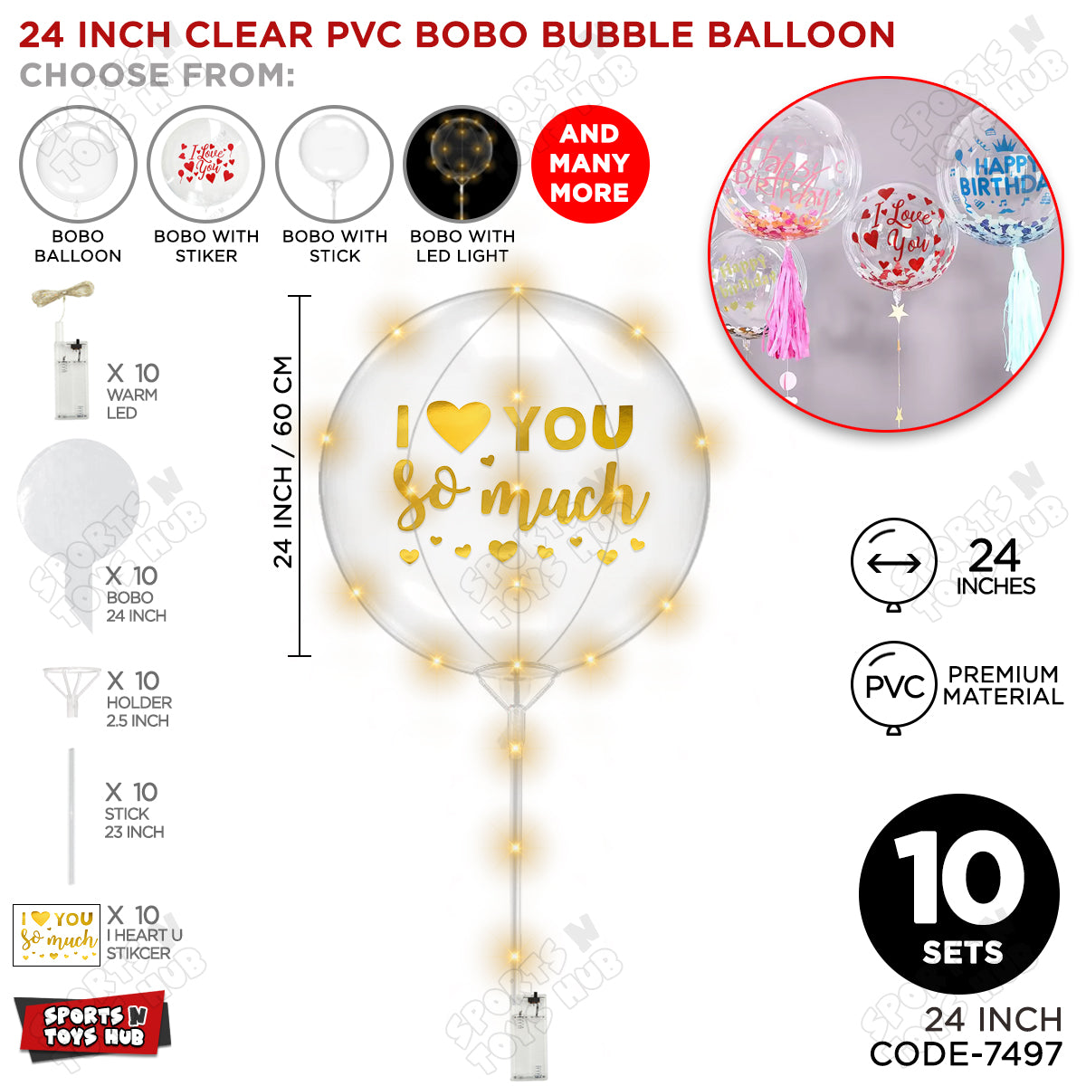 I Love You So Much Gold Color Sticker With BOBO Balloon Stick & LED Light