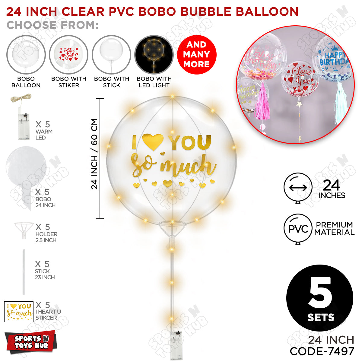 I Love You So Much Gold Color Sticker With BOBO Balloon Stick & LED Light