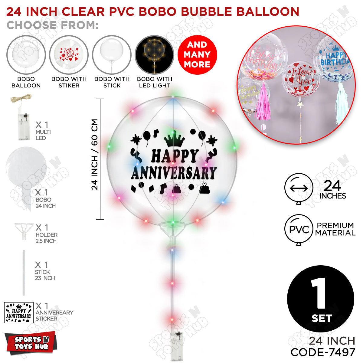 Happy Anniversary Black Color Sticker With BOBO Balloon Stick & LED Light