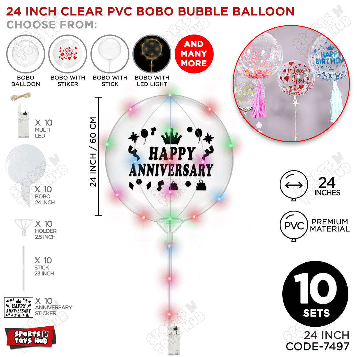 Happy Anniversary Black Color Sticker With BOBO Balloon Stick & LED Light