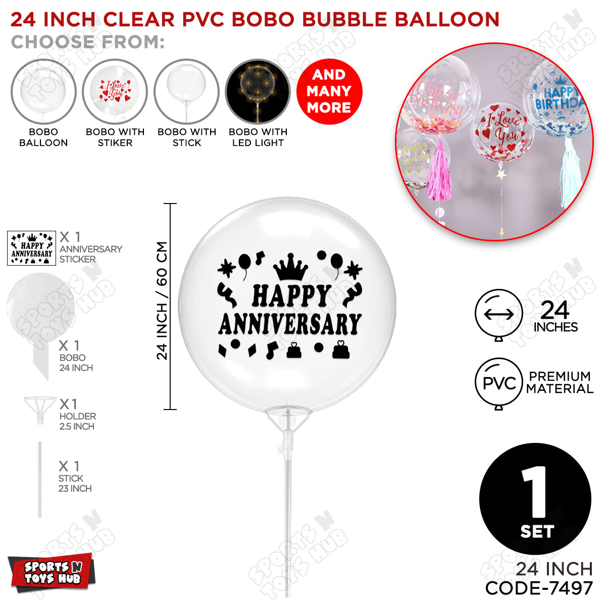 Happy Anniversary Black Color Sticker With Bobo Balloon & Stick