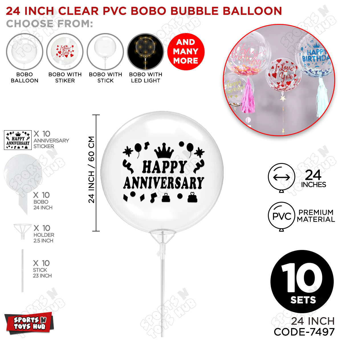 Happy Anniversary Black Color Sticker With Bobo Balloon & Stick