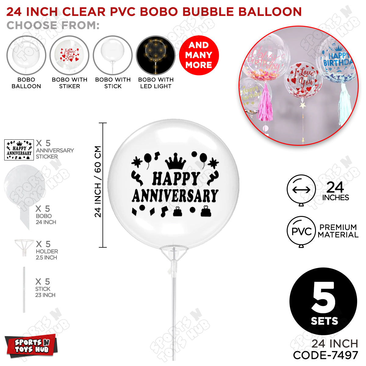 Happy Anniversary Black Color Sticker With Bobo Balloon & Stick