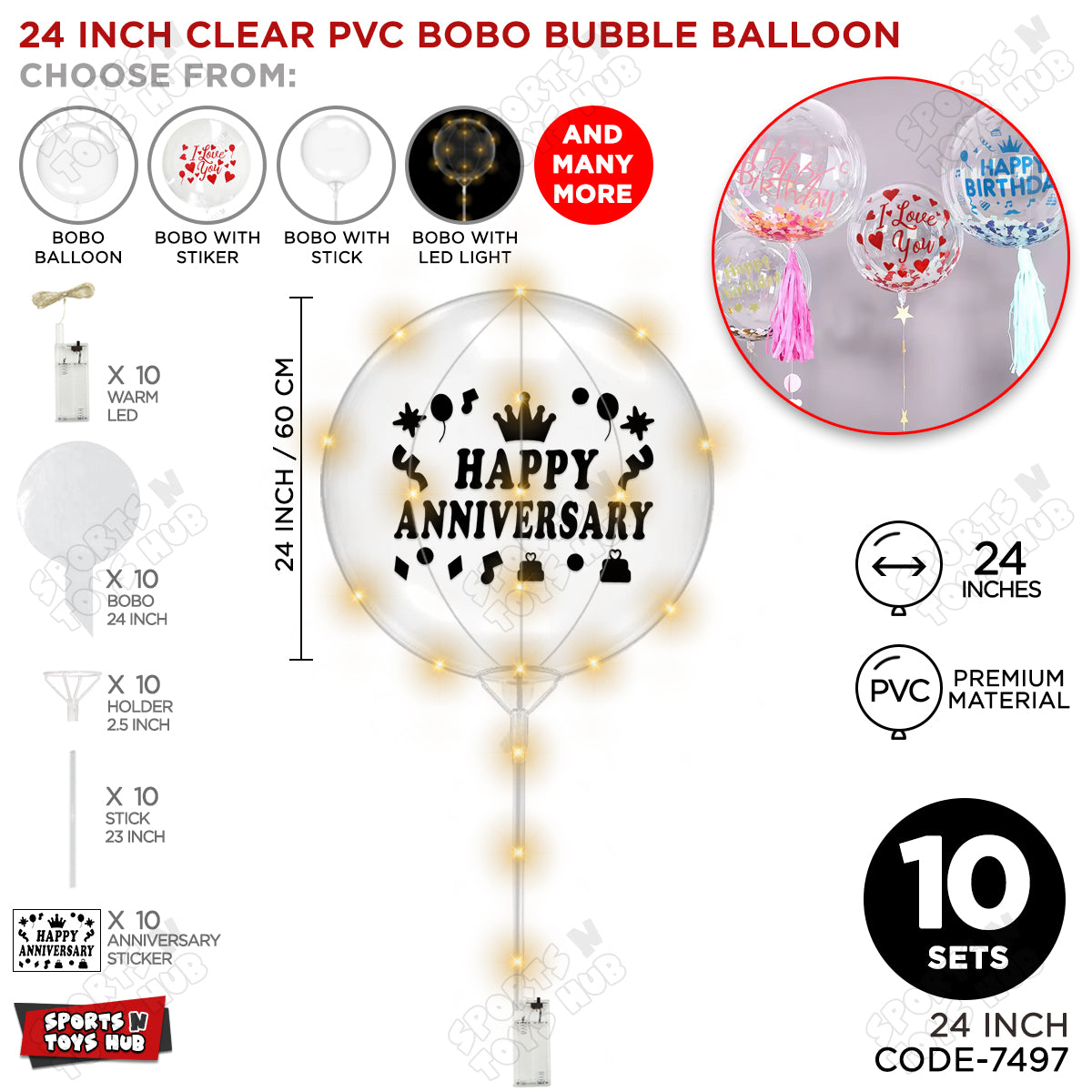 Happy Anniversary Black Color Sticker With BOBO Balloon Stick & LED Light