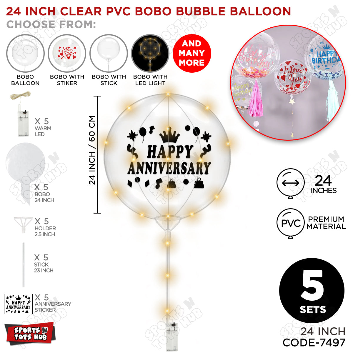 Happy Anniversary Black Color Sticker With BOBO Balloon Stick & LED Light