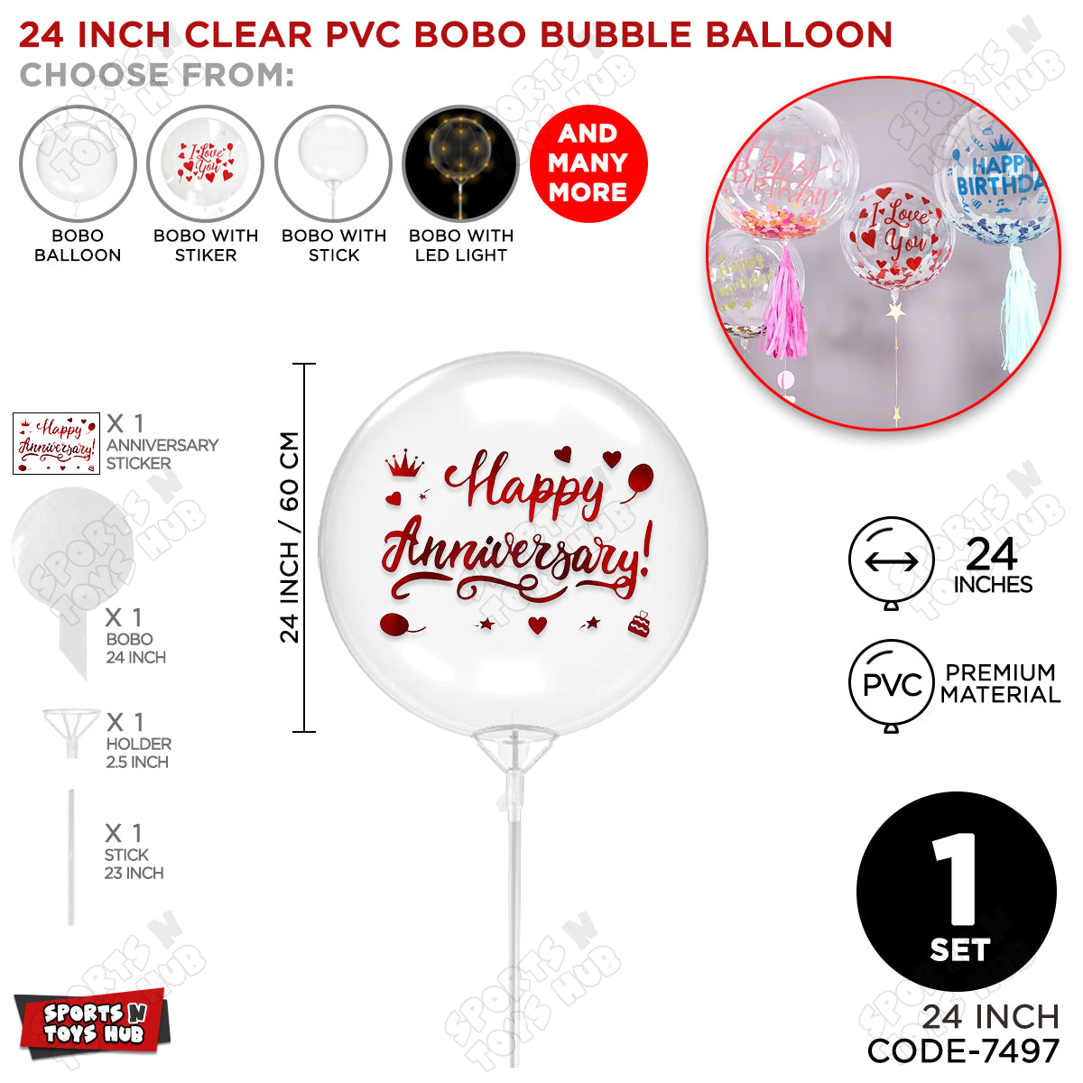 Happy Anniversary Red Color Sticker With Bobo Balloon & Stick