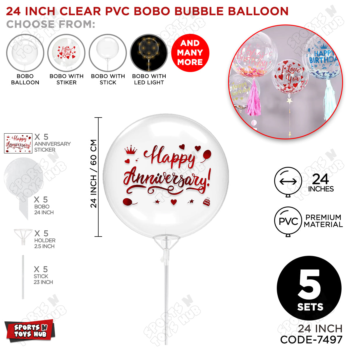 Happy Anniversary Red Color Sticker With Bobo Balloon & Stick