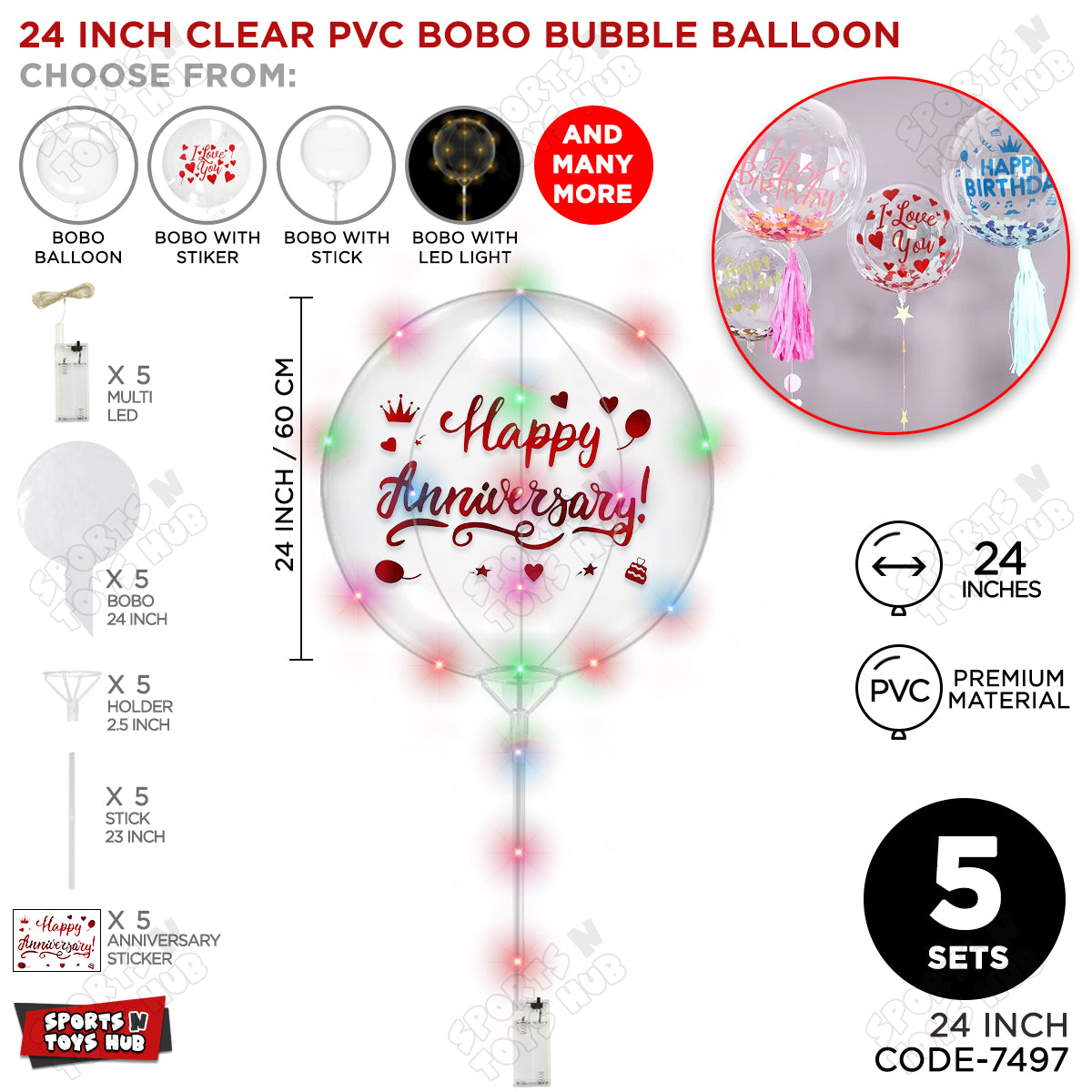 Happy Anniversary Red Color Sticker With BOBO Balloon Stick & LED Light