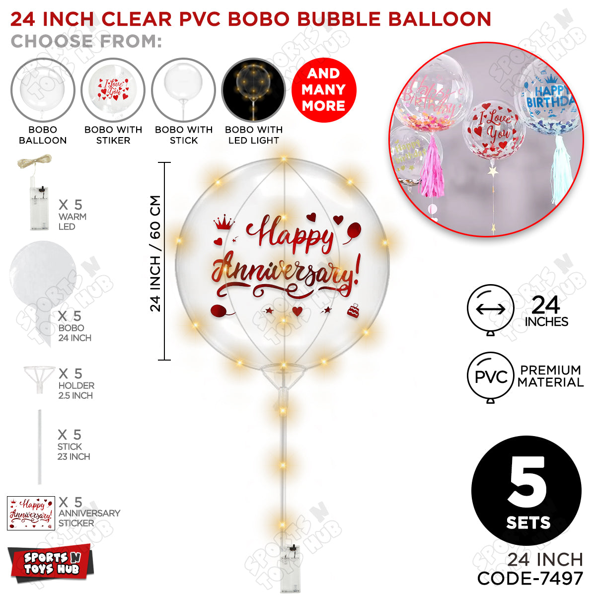 Happy Anniversary Red Color Sticker With BOBO Balloon Stick & LED Light