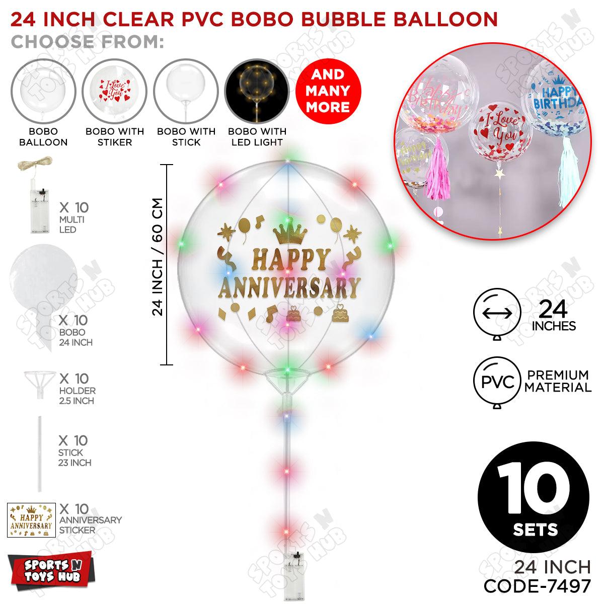 Happy Anniversary Gold Color Sticker With BOBO Balloon Stick & LED Light