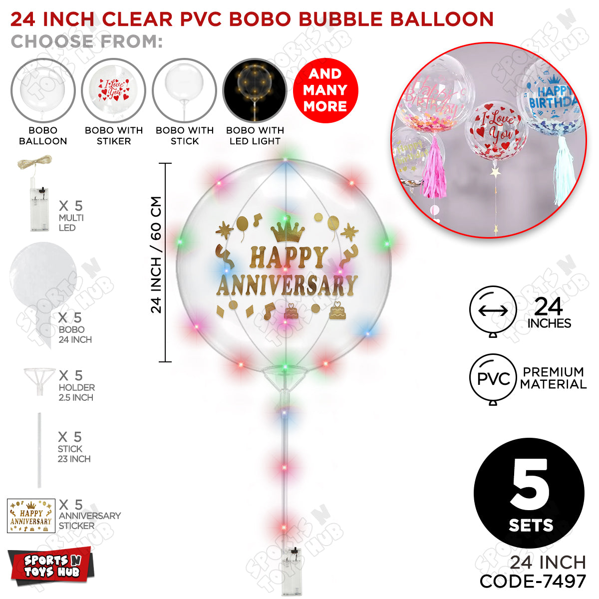 Happy Anniversary Gold Color Sticker With BOBO Balloon Stick & LED Light