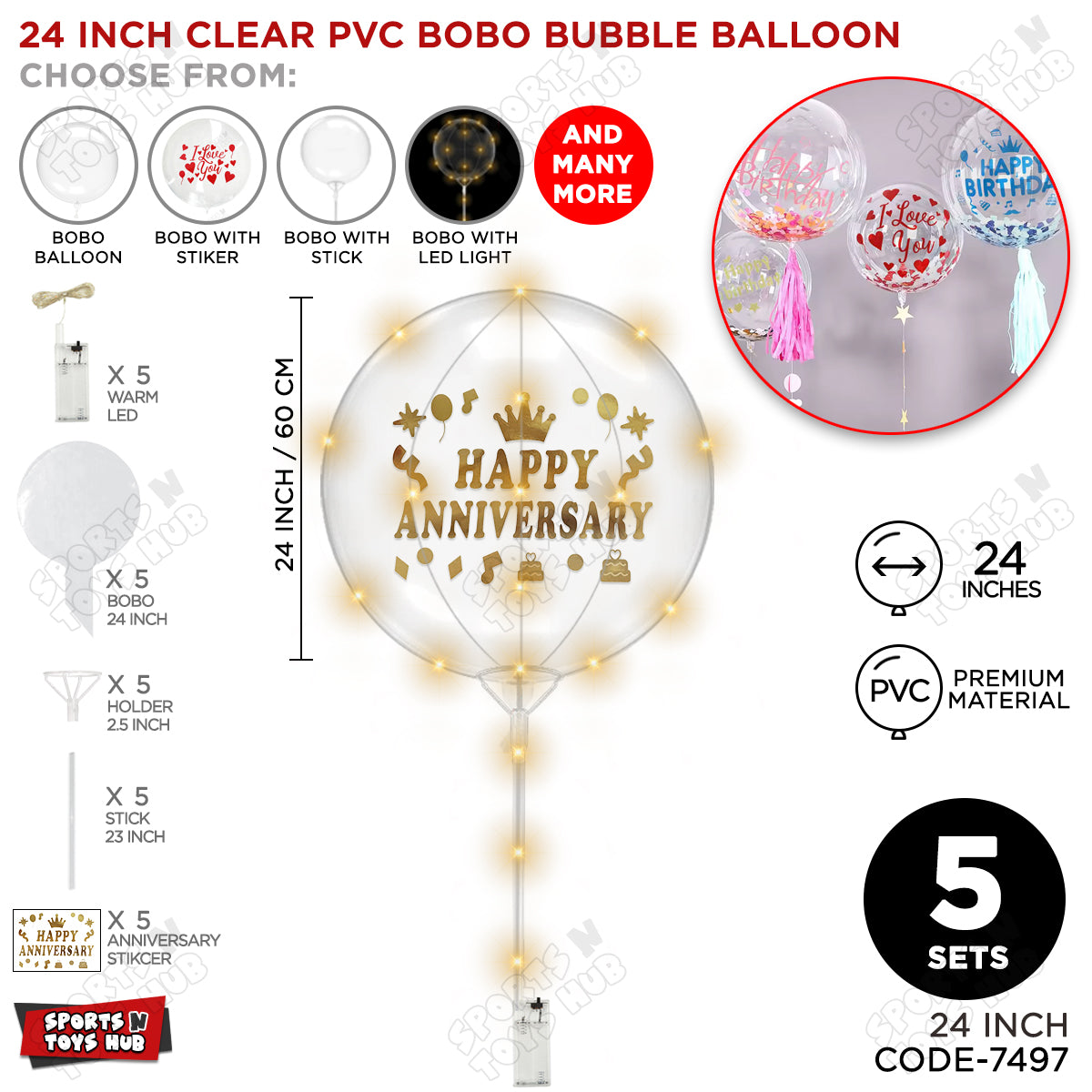 Happy Anniversary Gold Color Sticker With BOBO Balloon Stick & LED Light