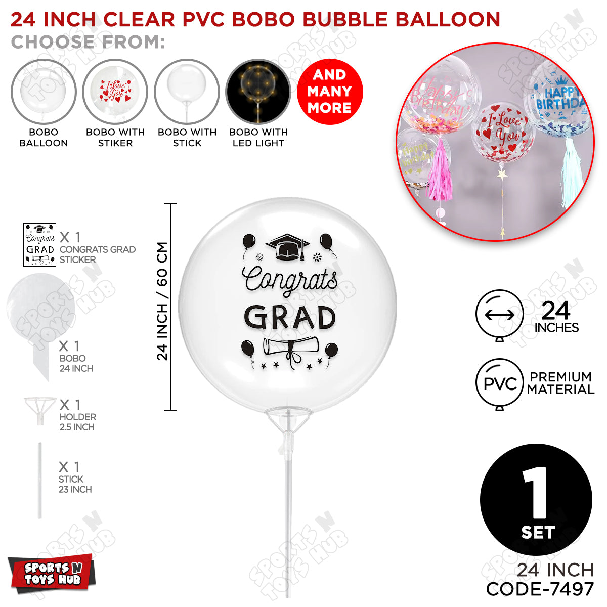 Congrats Grad Black Color Sticker With Bobo Balloon & Stick