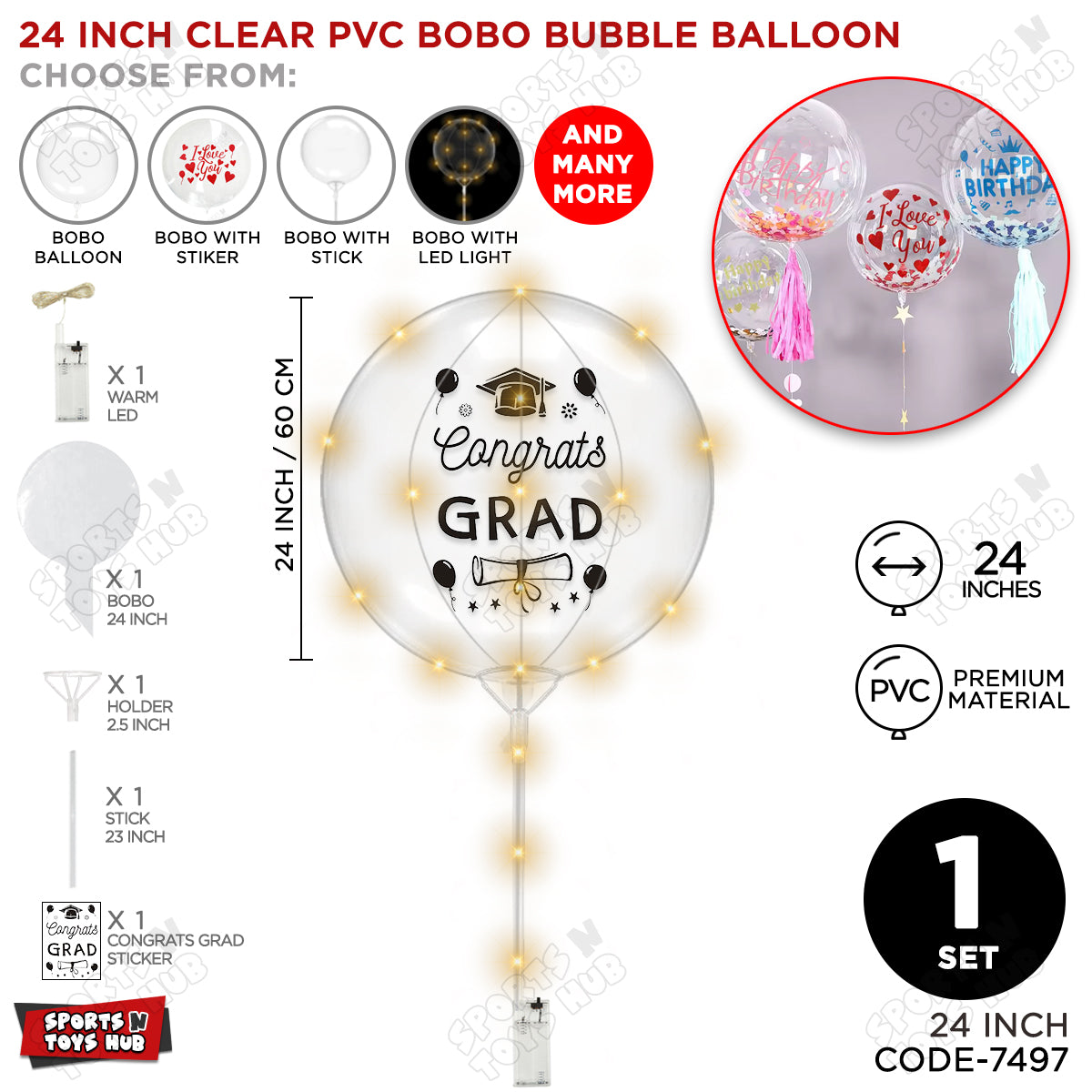 Congrats Grad Black Color Sticker With BOBO Balloon Stick & LED Light