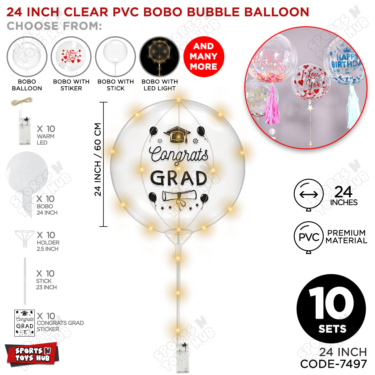Congrats Grad Black Color Sticker With BOBO Balloon Stick & LED Light