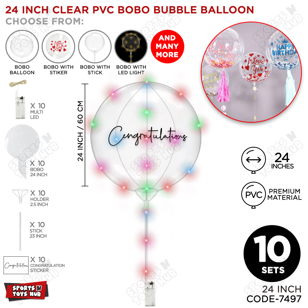 Congratulation Black Color Sticker With BOBO Balloon Stick & LED Light