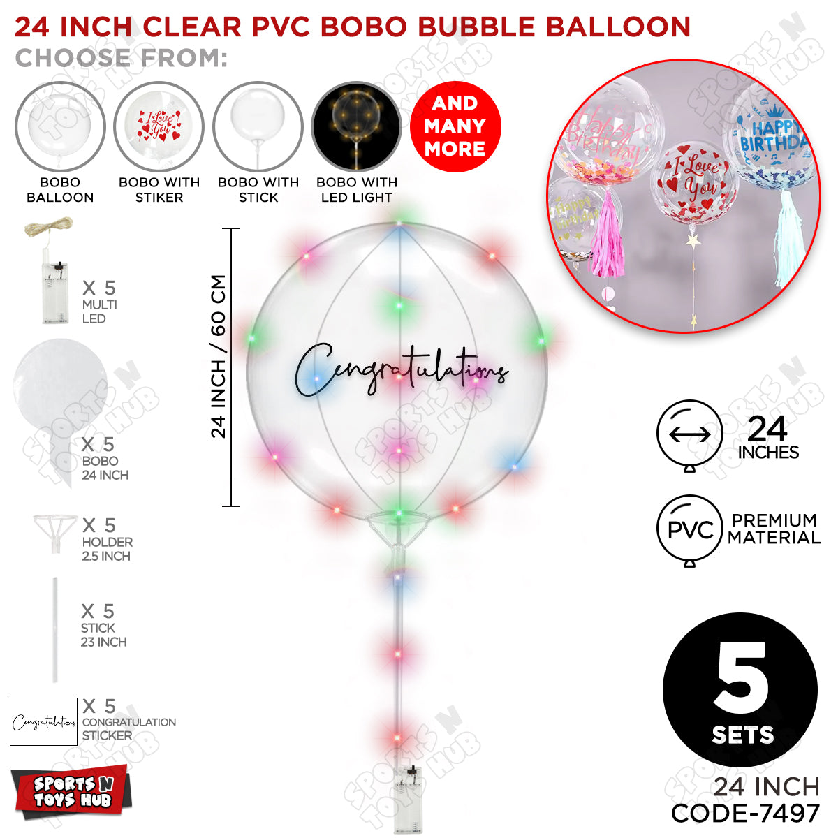 Congratulation Black Color Sticker With BOBO Balloon Stick & LED Light