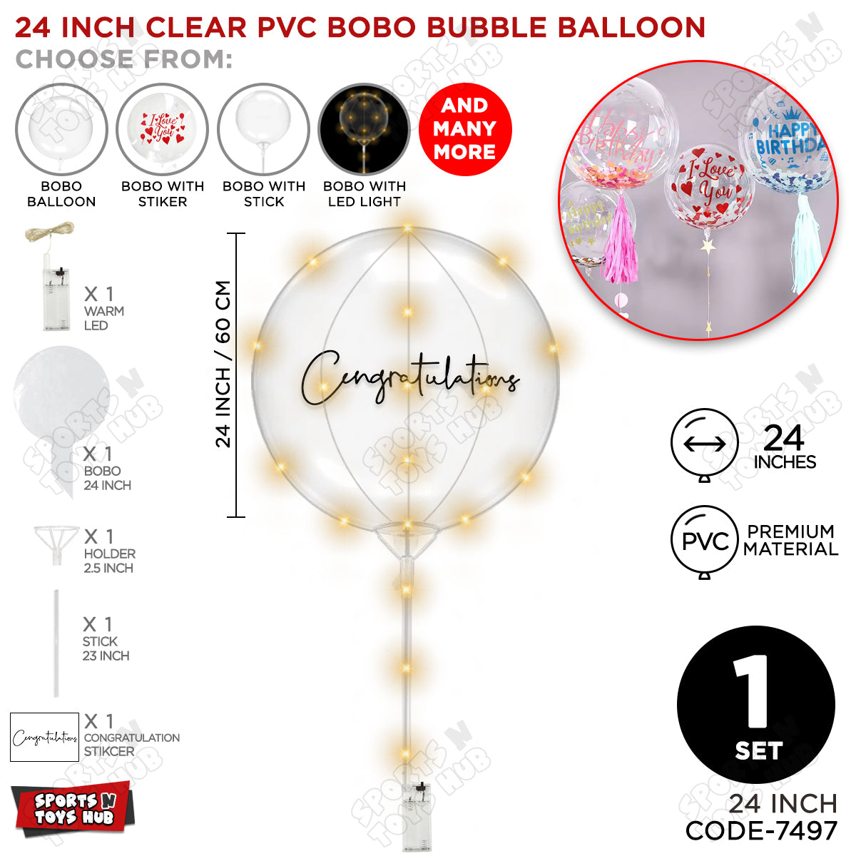 Congratulation Black Color Sticker With BOBO Balloon Stick & LED Light