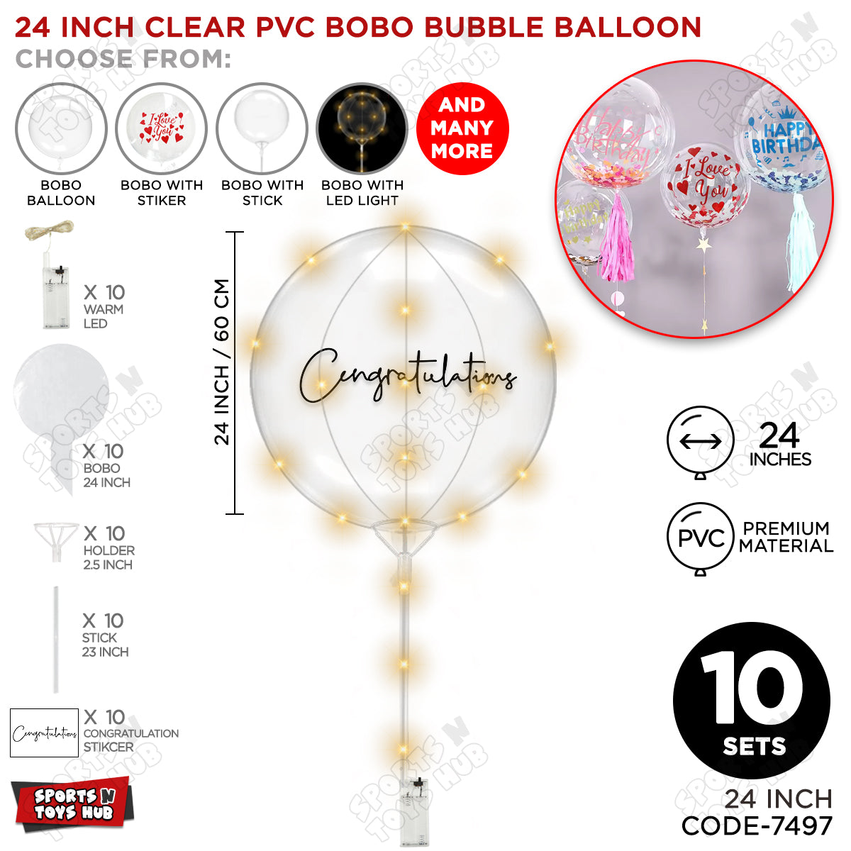 Congratulation Black Color Sticker With BOBO Balloon Stick & LED Light