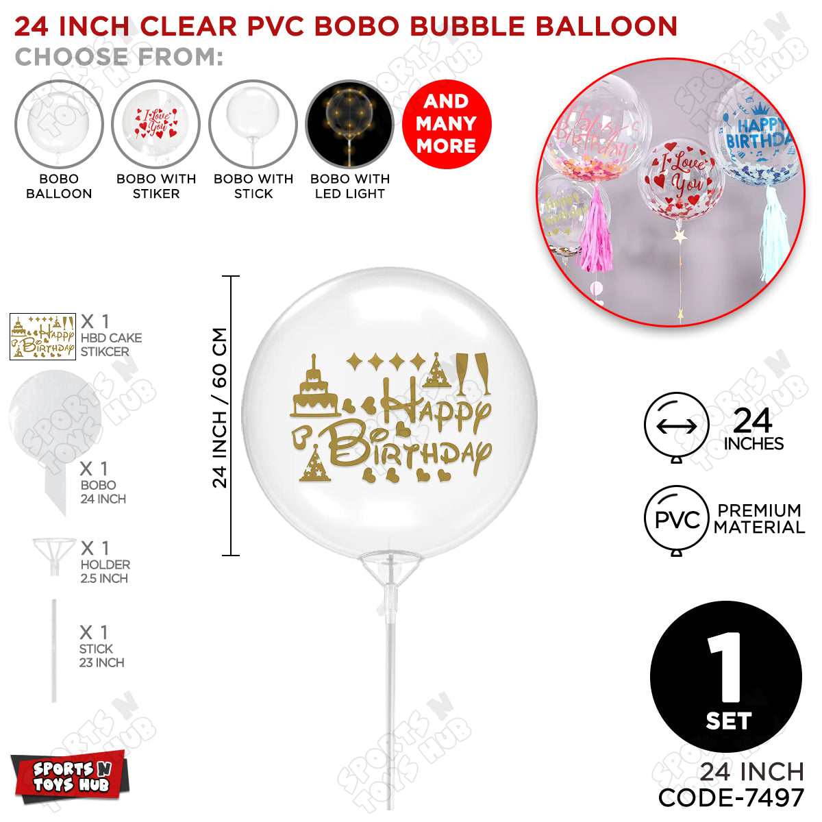 Happy Birthday Gold Color Sticker with Clear BOBO Balloon & Stick Kit